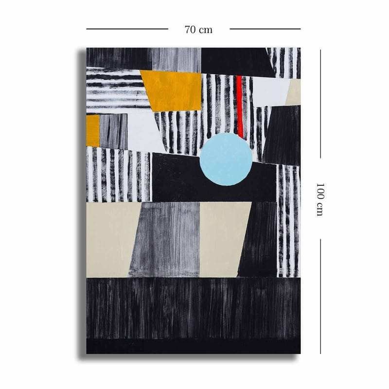 Canvastavla 70x100 cm - Abstrakt komposition med geometriska former och en central cirkel - Svart / Ljusblå / Guld - Inredning - Tavlor & konst - Canvastavlor