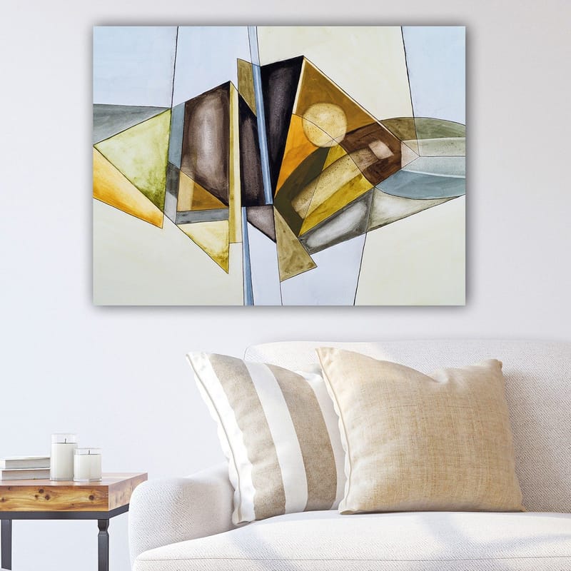 Canvastavla 70x100 cm - Abstrakt komposition med geometriska former och en solsymbol, Guld / Grön / Brun