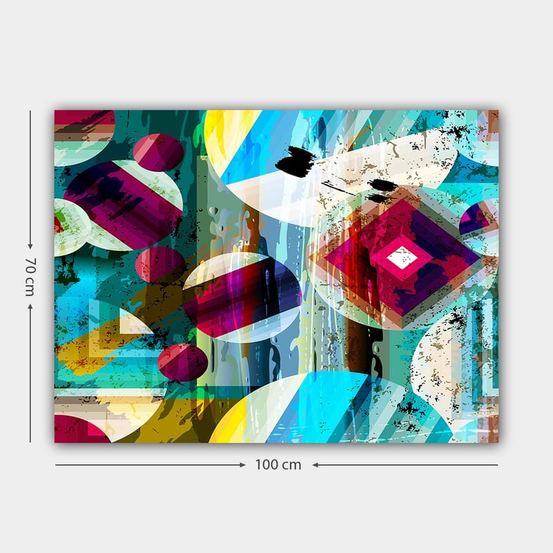 Canvastavla 70x100 cm - Abstrakt komposition med geometriska former och färgglada cirklar - Turkos / Röd / Gul - Inredning - Tavlor & konst - Canvastavlor