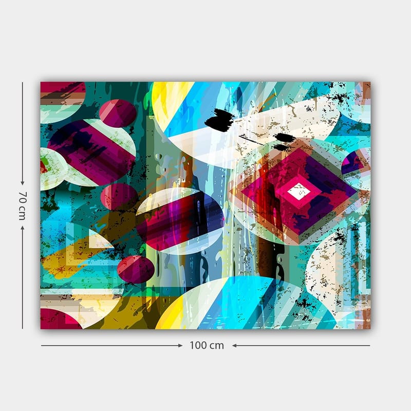 Canvastavla 70x100 cm - Abstrakt komposition med geometriska former och färgglada cirklar - Turkos / Röd / Gul - Inredning - Tavlor & konst - Canvastavlor