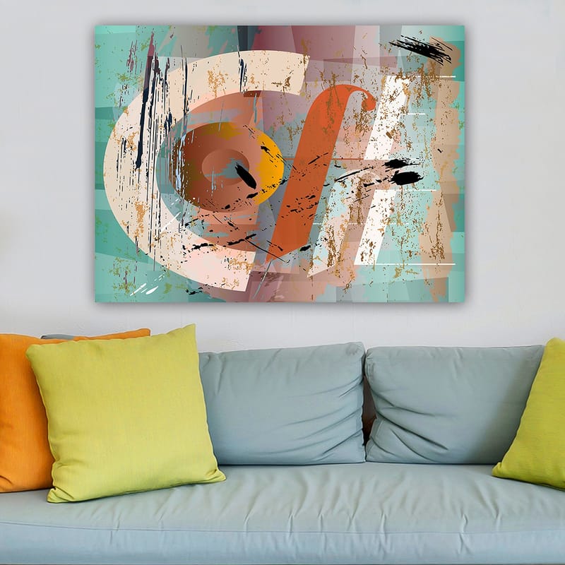 Canvastavla 70x100 cm - Abstrakt komposition med geometriska former och färgglada inslag - Turkos / Orange / Beige - Inredning - Tavlor & konst - Canvastavlor