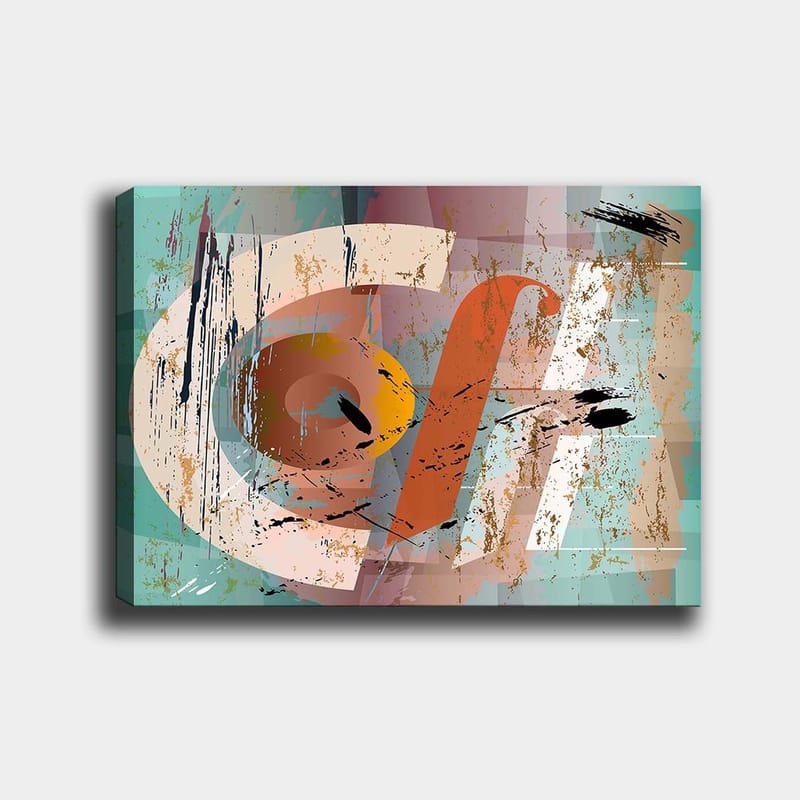 Canvastavla 70x100 cm - Abstrakt komposition med geometriska former och färgglada inslag, Turkos / Orange / Beige