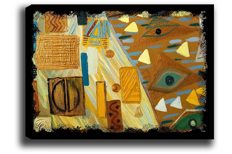 Canvastavla 70x100 cm - Abstrakt komposition med geometriska former och färgglada mönster - Guld / Blå / Grön - Inredning - Tavlor & konst - Canvastavlor