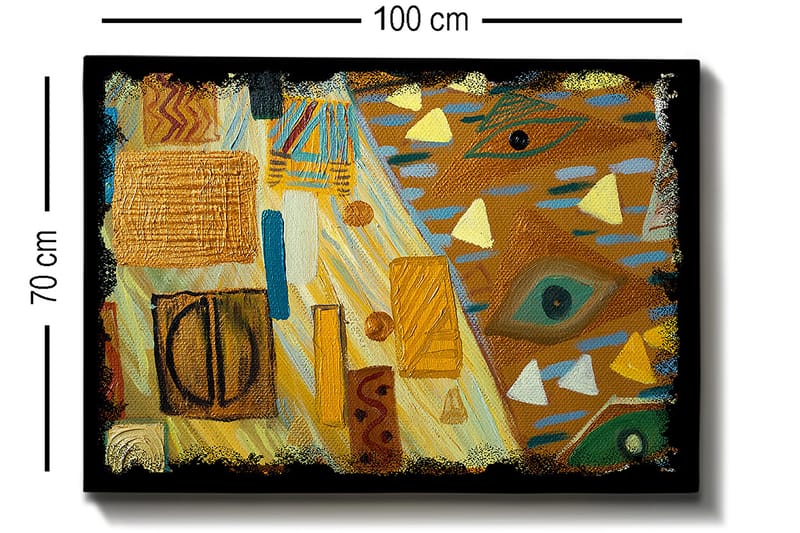 Canvastavla 70x100 cm - Abstrakt komposition med geometriska former och färgglada mönster - Guld / Blå / Grön - Inredning - Tavlor & konst - Canvastavlor