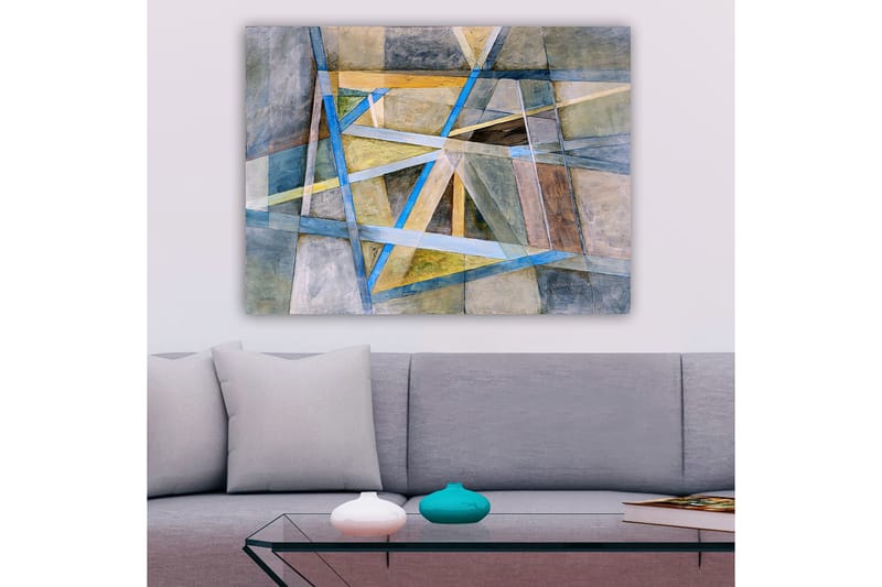 Canvastavla 70x100 cm - Abstrakt komposition med geometriska former och linjer i harmoniska färger - Blå / Beige / Grå - Inredning - Tavlor & konst - Canvastavlor