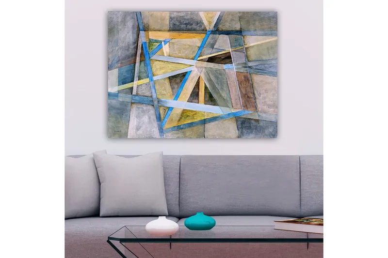 Canvastavla 70x100 cm - Abstrakt komposition med geometriska former och linjer i harmoniska färger - Blå / Beige / Grå - Inredning - Tavlor & konst - Canvastavlor