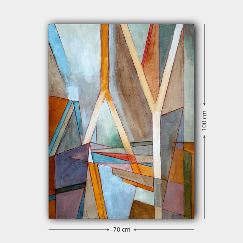 Canvastavla 70x100 cm - Abstrakt komposition med geometriska former och linjer som skapar en dynamisk känsla - Blå / Orange / Brun - Inredning - Tavlor & konst - Canvastavlor
