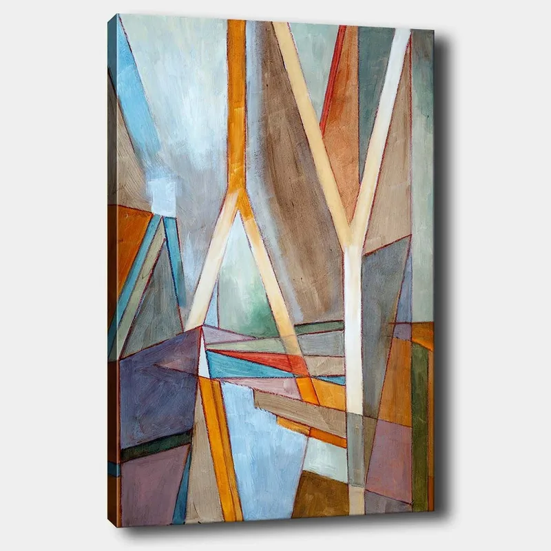 Canvastavla 70x100 cm - Abstrakt komposition med geometriska former och linjer som skapar en dynamisk känsla - Blå / Orange / Brun - Inredning - Tavlor & konst - Canvastavlor