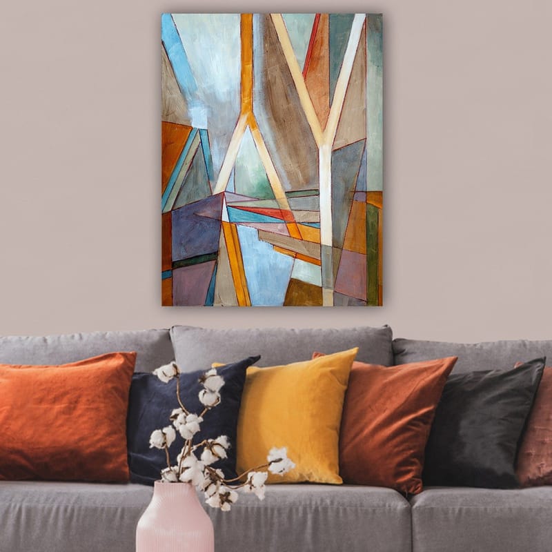 Canvastavla 70x100 cm - Abstrakt komposition med geometriska former och linjer som skapar en dynamisk känsla - Blå / Orange / Brun - Inredning - Tavlor & konst - Canvastavlor