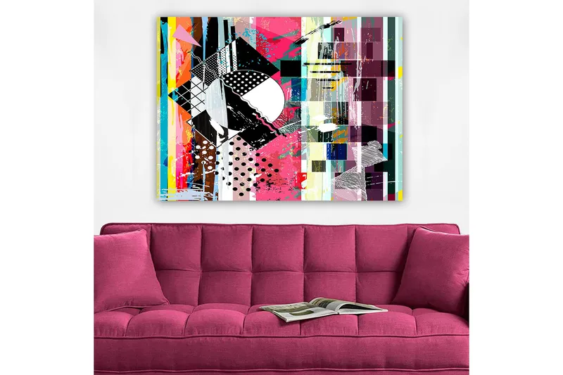 Canvastavla 70x100 cm - Abstrakt komposition med geometriska former och livliga färger - Rosa / Svart / Vit - Inredning - Tavlor & konst - Canvastavlor