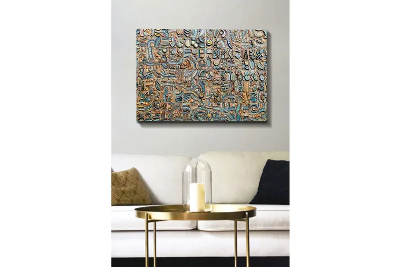 Canvastavla 70x100 cm - Abstrakt komposition med geometriska former och mönster i olika nyanser - Blå / Brons / Svart - Inredning - Tavlor & konst - Canvastavlor