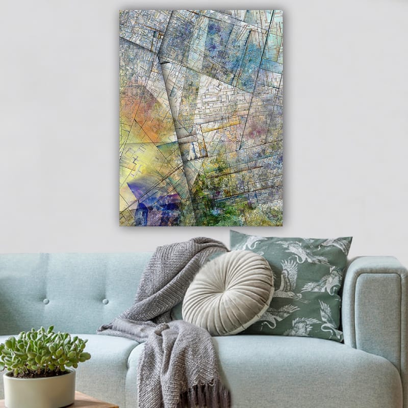 Canvastavla 70x100 cm - Abstrakt komposition med geometriska former och mjuka färgövergångar - Blå / Grön / Gul - Inredning - Tavlor & konst - Canvastavlor