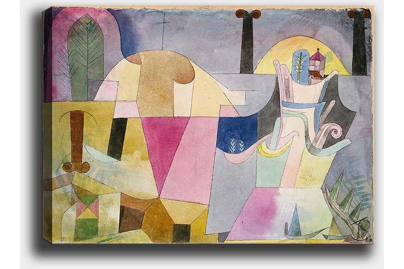 Canvastavla 70x100 cm - Abstrakt komposition med geometriska former och mjuka färger som skapar en drömlik atmosfär - Rosa / Gul / Grön - Inredning - Tavlor & konst - Canvastavlor