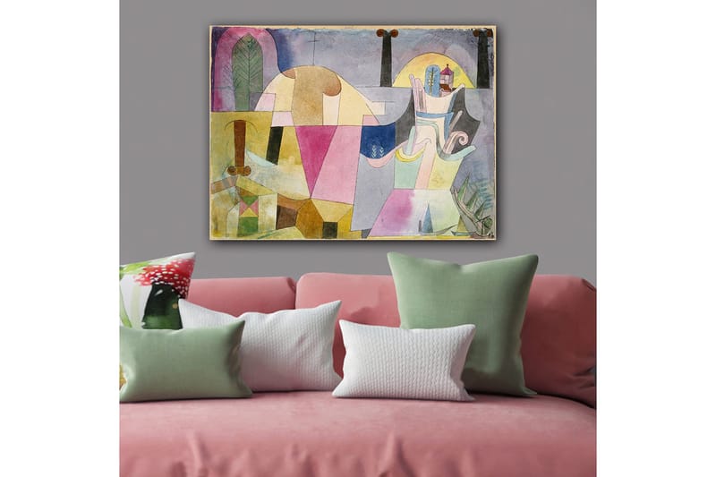 Canvastavla 70x100 cm - Abstrakt komposition med geometriska former och mjuka färger som skapar en drömlik atmosfär, Rosa / Gul / Grön