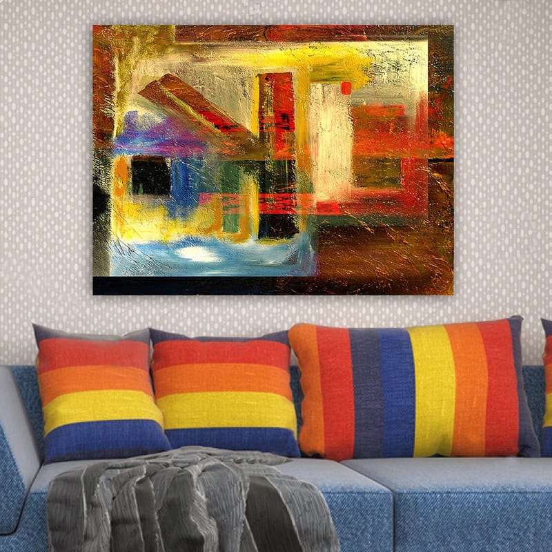 Canvastavla 70x100 cm - Abstrakt komposition med geometriska former och starka färger - Röd / Guld / Blå - Inredning - Tavlor & konst - Canvastavlor