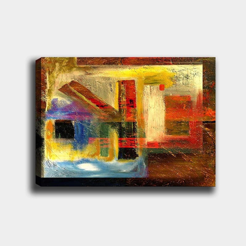 Canvastavla 70x100 cm - Abstrakt komposition med geometriska former och starka färger, Röd / Guld / Blå