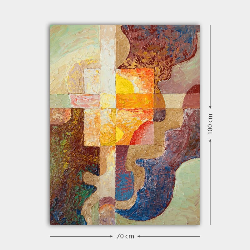 Canvastavla 70x100 cm - Abstrakt komposition med geometriska former och varma färger som skapar en dynamisk känsla - Mörkbrun / Orange / Lila - Inredning - Tavlor & konst - Canvastavlor