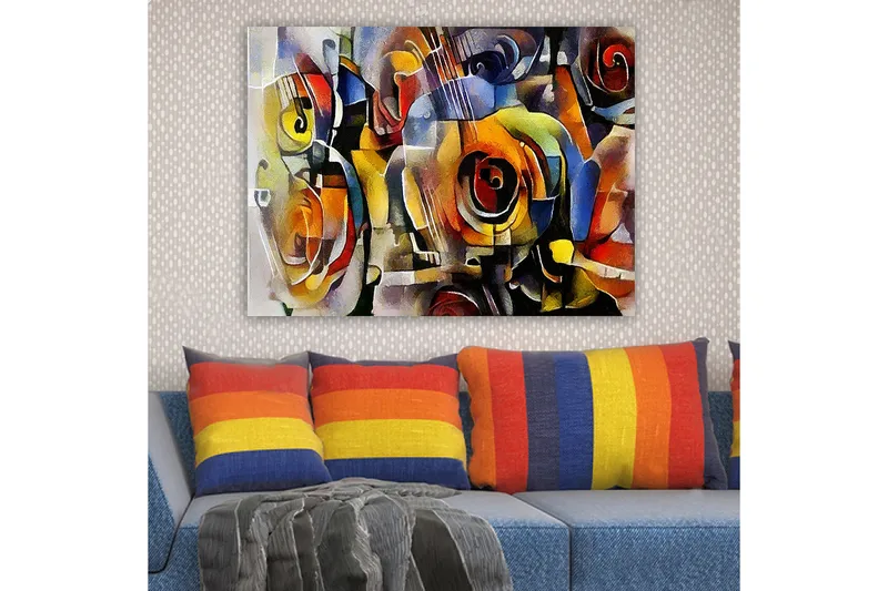 Canvastavla 70x100 cm - Abstrakt komposition med gitarrer och rosor i livliga färger - Röd / Gul / Blå - Inredning - Tavlor & konst - Canvastavlor