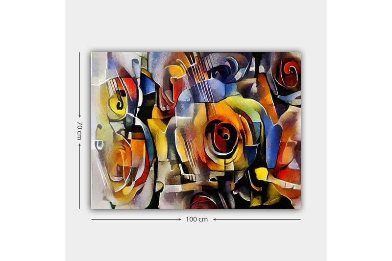 Canvastavla 70x100 cm - Abstrakt komposition med gitarrer och rosor i livliga färger - Röd / Gul / Blå - Inredning - Tavlor & konst - Canvastavlor