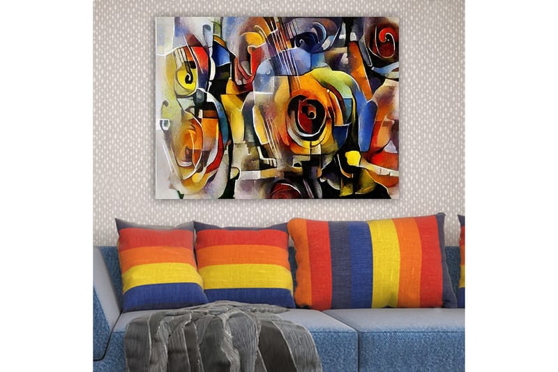 Canvastavla 70x100 cm - Abstrakt komposition med gitarrer och rosor i livliga färger - Röd / Gul / Blå - Inredning - Tavlor & konst - Canvastavlor