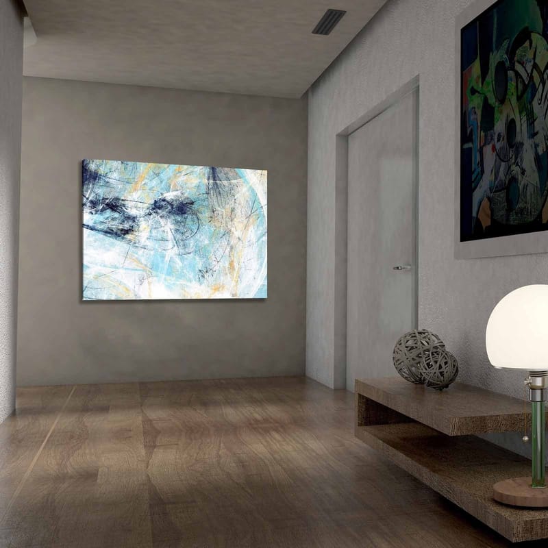 Canvastavla 70x100 cm - Abstrakt komposition med inslag av blått och ljusa toner som skapar en känsla av rörelse - Blå / Vit / Ljusgul - Inredning - Tavlor & konst - Canvastavlor