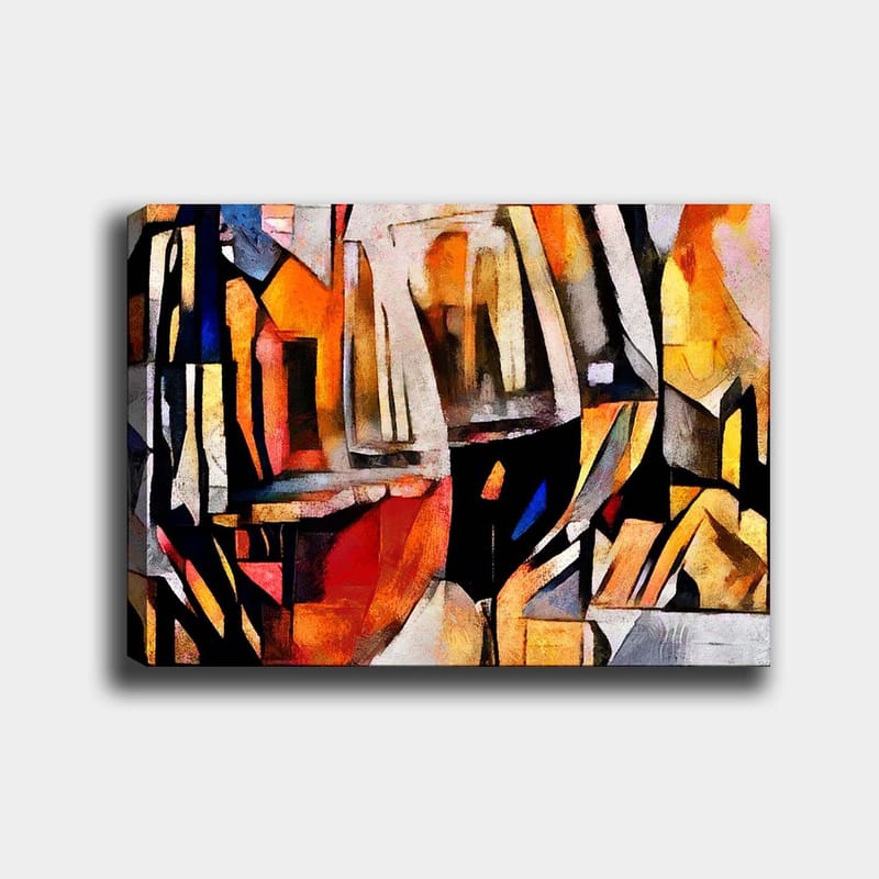 Canvastavla 70x100 cm - Abstrakt komposition med inslag av glas och geometriska former - Orange / Svart / Gult - Inredning - Tavlor & konst - Canvastavlor