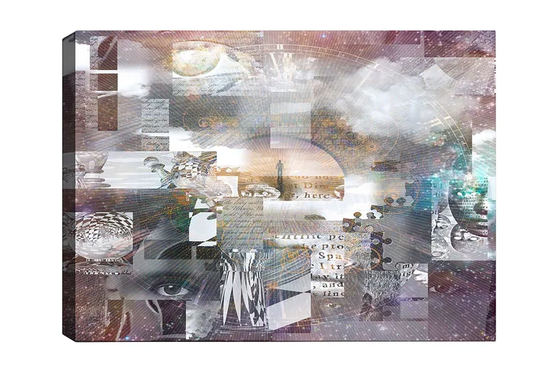 Canvastavla 70x100 cm - Abstrakt komposition med inslag av text och olika former som skapar en känsla av djup och mystik, Lila / Grå / Vit