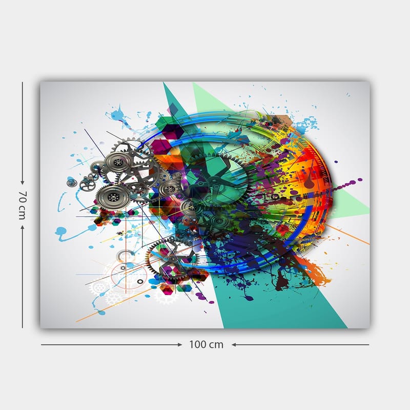 Canvastavla 70x100 cm - Abstrakt komposition med kugghjul och färgglada sprutningar som symboliserar rörelse och teknik - Turkos / Röd / Lila - Inredning - Tavlor & konst - Canvastavlor