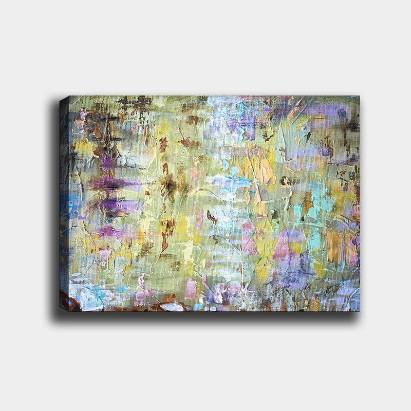 Canvastavla 70x100 cm - Abstrakt komposition med mjuka färgövergångar och texturer som skapar en drömlik atmosfär - Ljusgrön / Lila / Beige - Inredning - Tavlor & konst - Canvastavlor