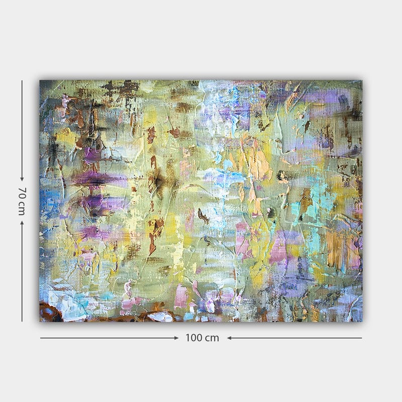 Canvastavla 70x100 cm - Abstrakt komposition med mjuka färgövergångar och texturer som skapar en drömlik atmosfär - Ljusgrön / Lila / Beige - Inredning - Tavlor & konst - Canvastavlor