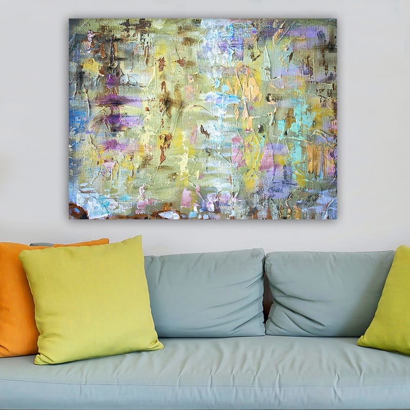 Canvastavla 70x100 cm - Abstrakt komposition med mjuka färgövergångar och texturer som skapar en drömlik atmosfär - Ljusgrön / Lila / Beige - Inredning - Tavlor & konst - Canvastavlor