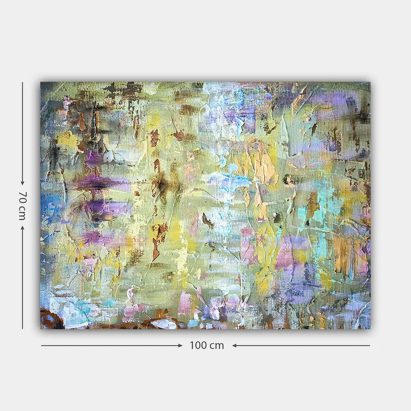 Canvastavla 70x100 cm - Abstrakt komposition med mjuka färgövergångar och texturer som skapar en drömlik atmosfär - Ljusgrön / Lila / Beige - Inredning - Tavlor & konst - Canvastavlor