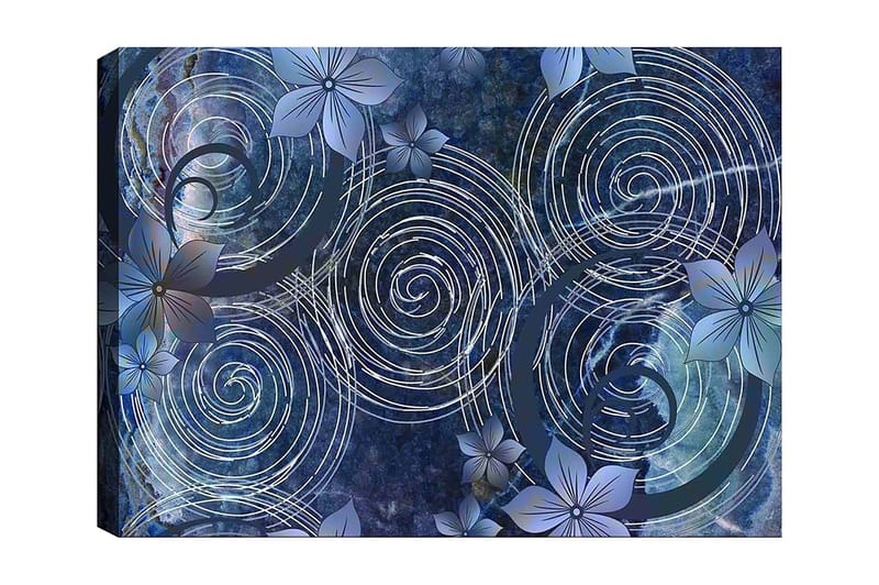 Canvastavla 70x100 cm - Abstrakt komposition med spiraler och blommor i en harmonisk sammansättning, Mörkblå / Ljusblå / Vit