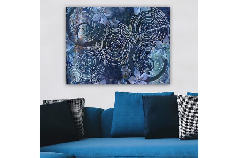 Canvastavla 70x100 cm - Abstrakt komposition med spiraler och blommor i en harmonisk sammansättning - Mörkblå / Ljusblå / Vit - Inredning - Tavlor & konst - Canvastavlor