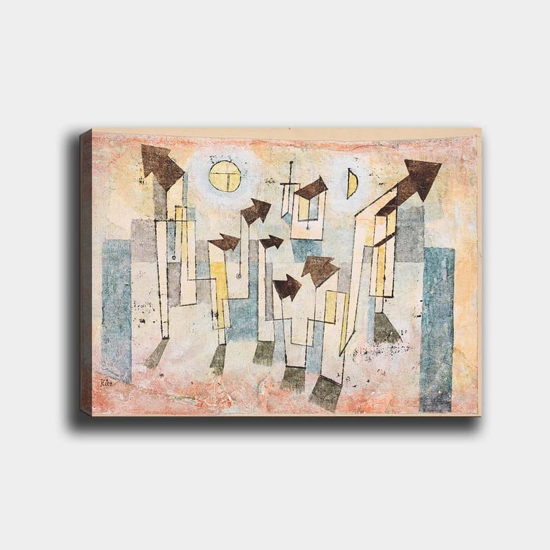 Canvastavla 70x100 cm - Abstrakt komposition med stiliserade hus och pilar som pekar uppåt, Beige / Grön / Blå