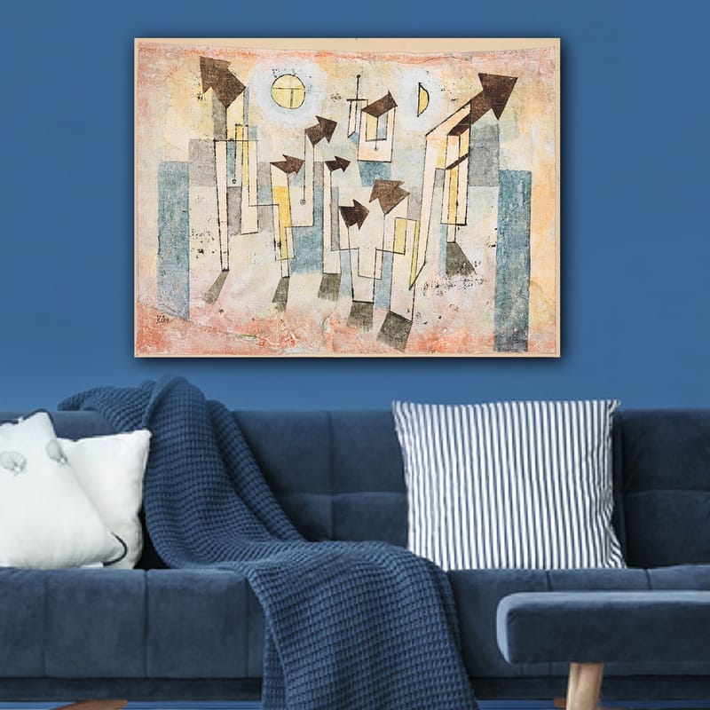 Canvastavla 70x100 cm - Abstrakt komposition med stiliserade hus och pilar som pekar uppåt - Beige / Grön / Blå - Inredning - Tavlor & konst - Canvastavlor