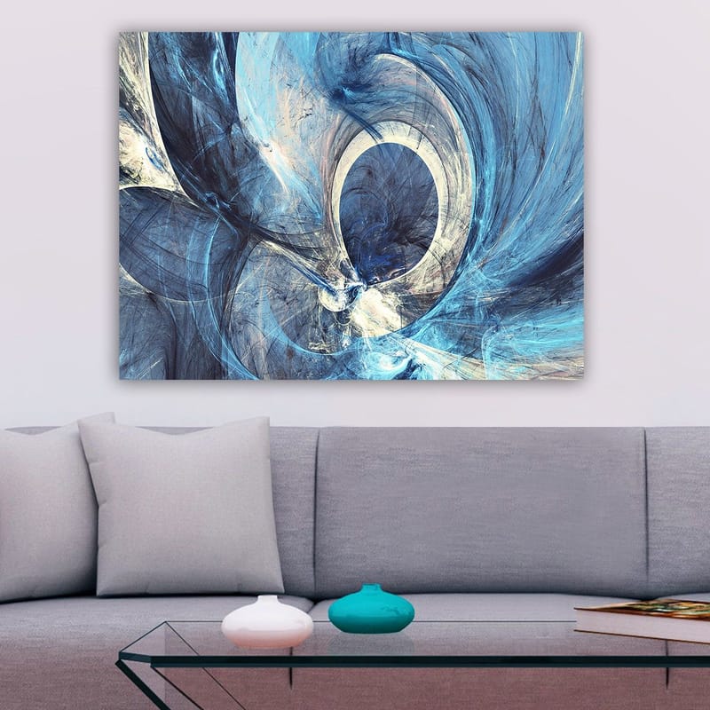 Canvastavla 70x100 cm - Abstrakt komposition med svängande former i blå nyanser - Mörkblå / Ljusblå / Vit - Inredning - Tavlor & konst - Canvastavlor