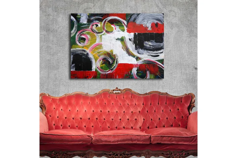 Canvastavla 70x100 cm - Abstrakt komposition med svarta cirklar och spiralformer i kontrasterande färger - Röd / Svart / Vit - Inredning - Tavlor & konst - Canvastavlor