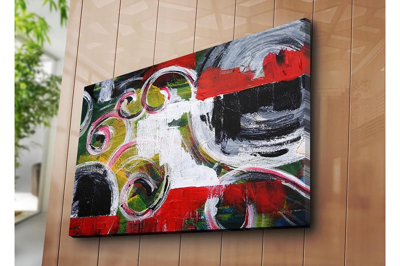 Canvastavla 70x100 cm - Abstrakt komposition med svarta cirklar och spiralformer i kontrasterande färger - Röd / Svart / Vit - Inredning - Tavlor & konst - Canvastavlor