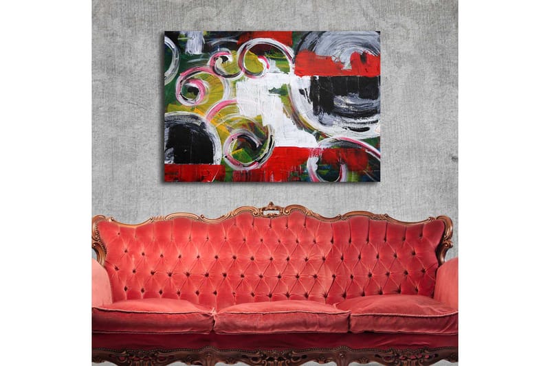 Canvastavla 70x100 cm - Abstrakt komposition med svarta cirklar och spiralformer i kontrasterande färger - Röd / Svart / Vit - Inredning - Tavlor & konst - Canvastavlor