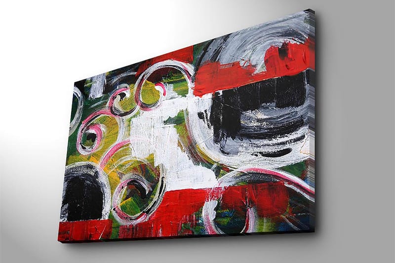 Canvastavla 70x100 cm - Abstrakt komposition med svarta cirklar och spiralformer i kontrasterande färger - Röd / Svart / Vit - Inredning - Tavlor & konst - Canvastavlor