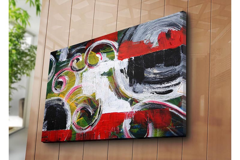 Canvastavla 70x100 cm - Abstrakt komposition med svarta cirklar och spiralformer i kontrasterande färger - Röd / Svart / Vit - Inredning - Tavlor & konst - Canvastavlor