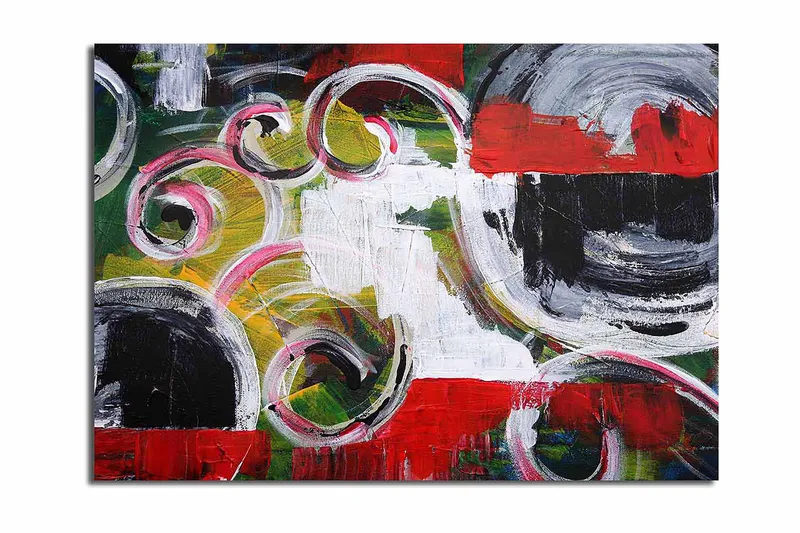 Canvastavla 70x100 cm - Abstrakt komposition med svarta cirklar och spiralformer i kontrasterande färger, Röd / Svart / Vit