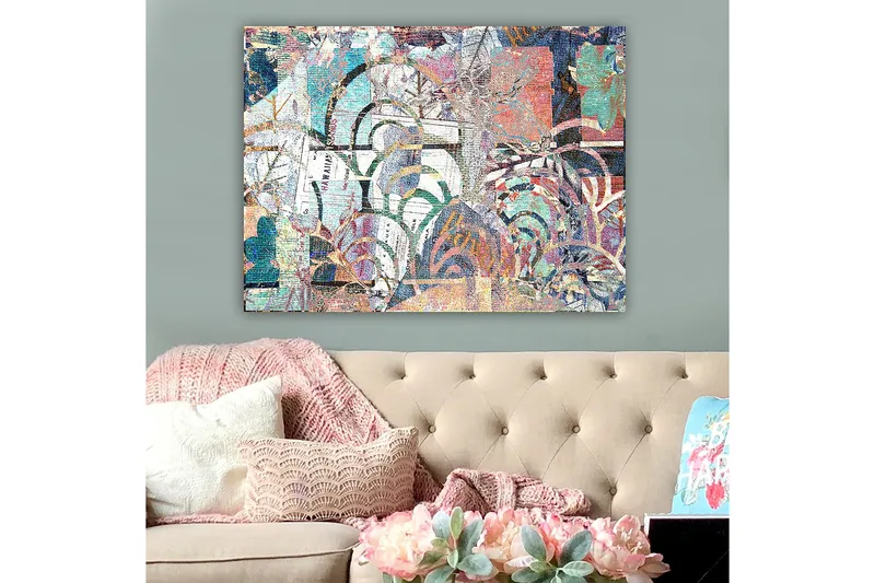 Canvastavla 70x100 cm - Abstrakt komposition med växtmotiv och texturer som skapar en känsla av djup och rörelse - Turkos / Röd / Grön - Inredning - Tavlor & konst - Canvastavlor