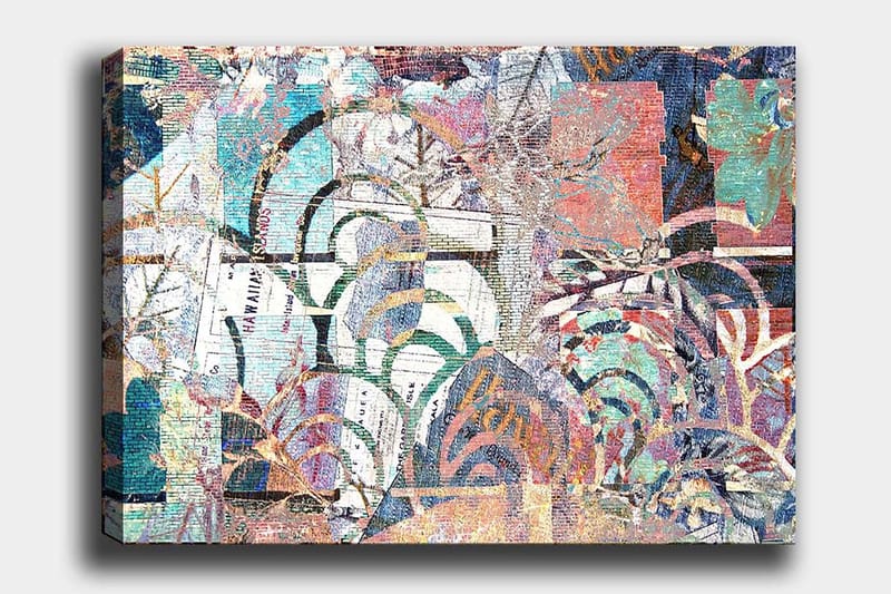 Canvastavla 70x100 cm - Abstrakt komposition med växtmotiv och texturer som skapar en känsla av djup och rörelse, Turkos / Röd / Grön