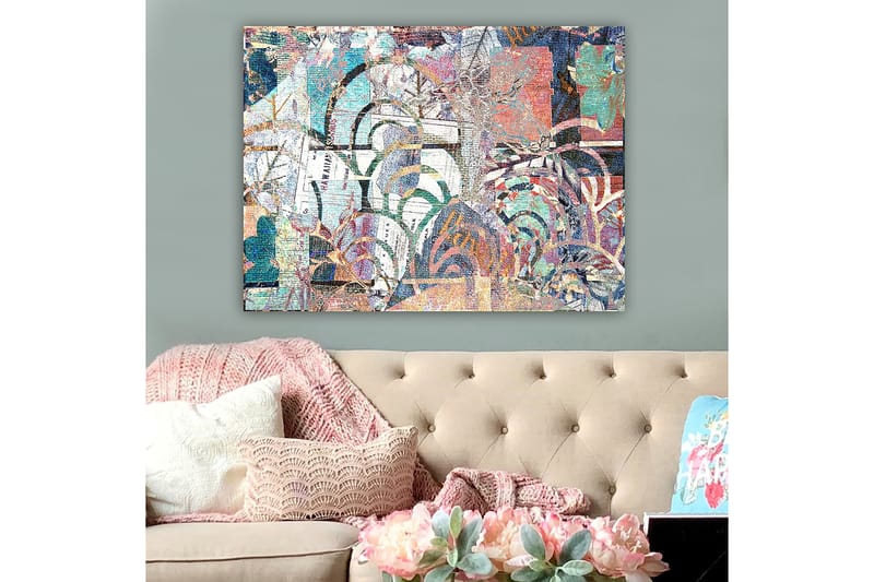 Canvastavla 70x100 cm - Abstrakt komposition med växtmotiv och texturer som skapar en känsla av djup och rörelse - Turkos / Röd / Grön - Inredning - Tavlor & konst - Canvastavlor