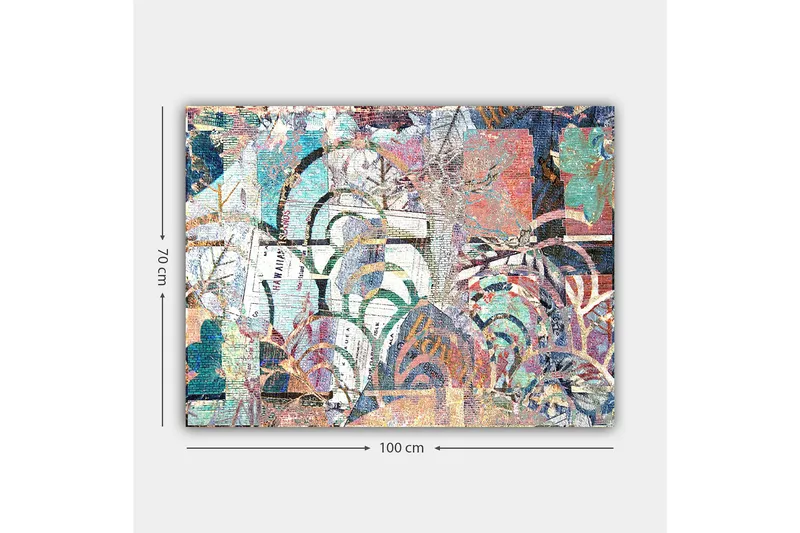 Canvastavla 70x100 cm - Abstrakt komposition med växtmotiv och texturer som skapar en känsla av djup och rörelse - Turkos / Röd / Grön - Inredning - Tavlor & konst - Canvastavlor