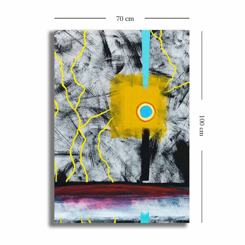 Canvastavla 70x100 cm - Abstrakt konst med en central gul fyrkant och en blå cirkel, omgiven av svarta och vita linjer - Gul / Svart / Blå - Inredning - Tavlor & konst - Canvastavlor