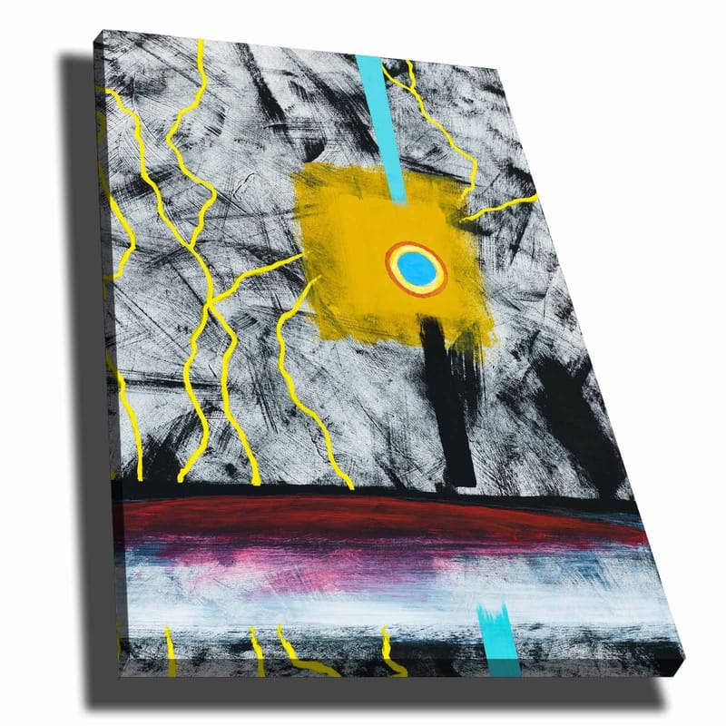 Canvastavla 70x100 cm - Abstrakt konst med en central gul fyrkant och en blå cirkel, omgiven av svarta och vita linjer - Gul / Svart / Blå - Inredning - Tavlor & konst - Canvastavlor