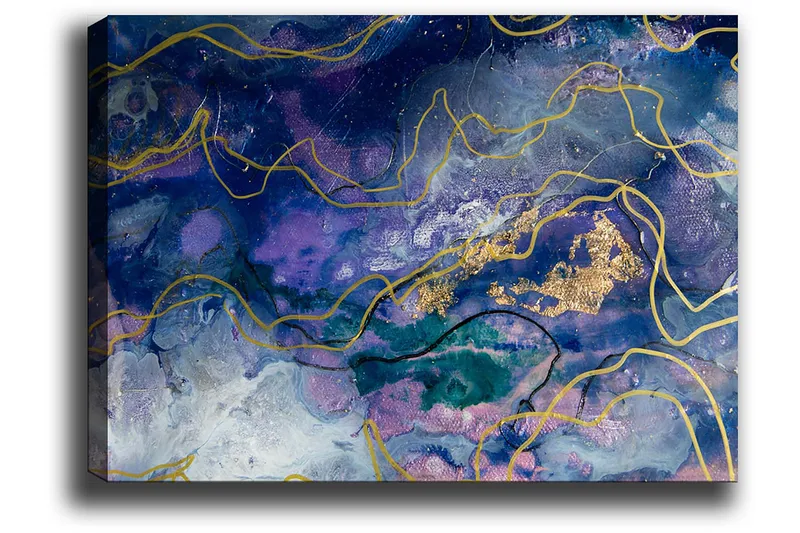 Canvastavla 70x100 cm - Abstrakt konst med flödande former i djupa blå och lila nyanser - Mörkblå / Lila / Guld - Inredning - Tavlor & konst - Canvastavlor